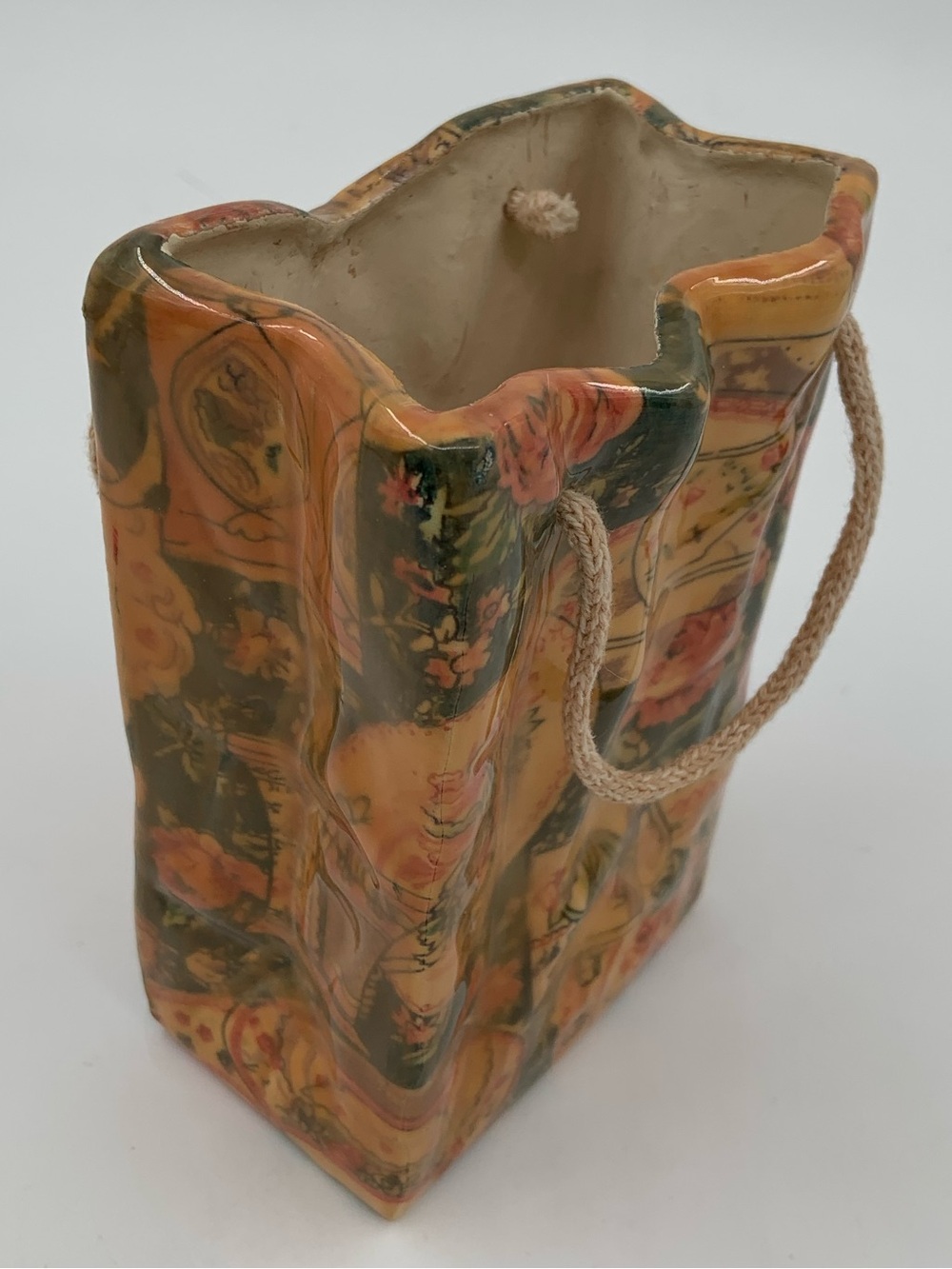 Floral Patchwork Ceramic Tote Vase with Rope Handle - Picture 4 of 6